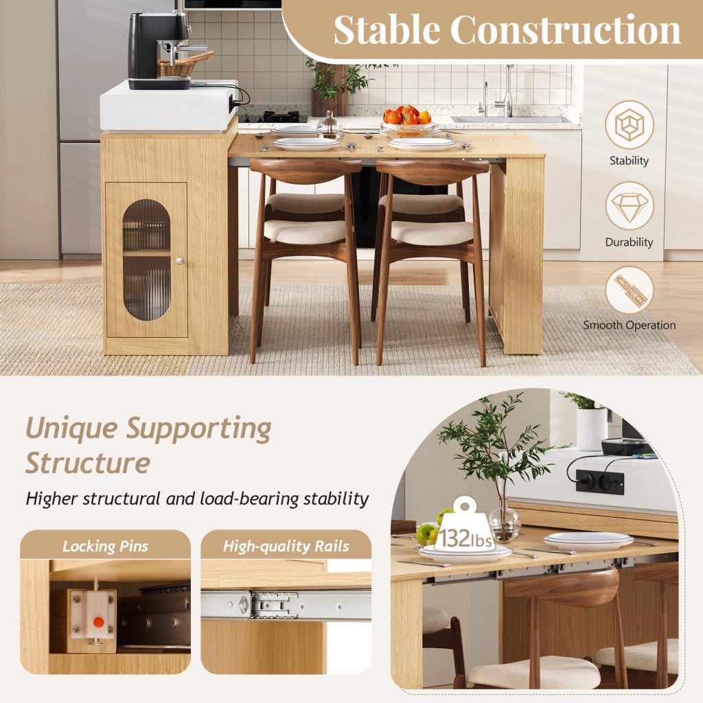Carrello da Cucina con 1 Cassetto; Ripiani Regolabili; Piano Pieghevole e Prese; in MDF e Vetro; 83x46x96 cm; Naturale