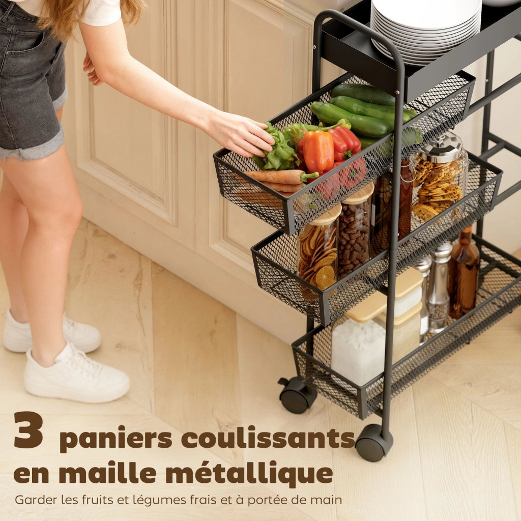 Carrello a 4 livelli con 3 cesti scorrevoli ¨C zephmum ¨C nero 80x43.2x19 cm