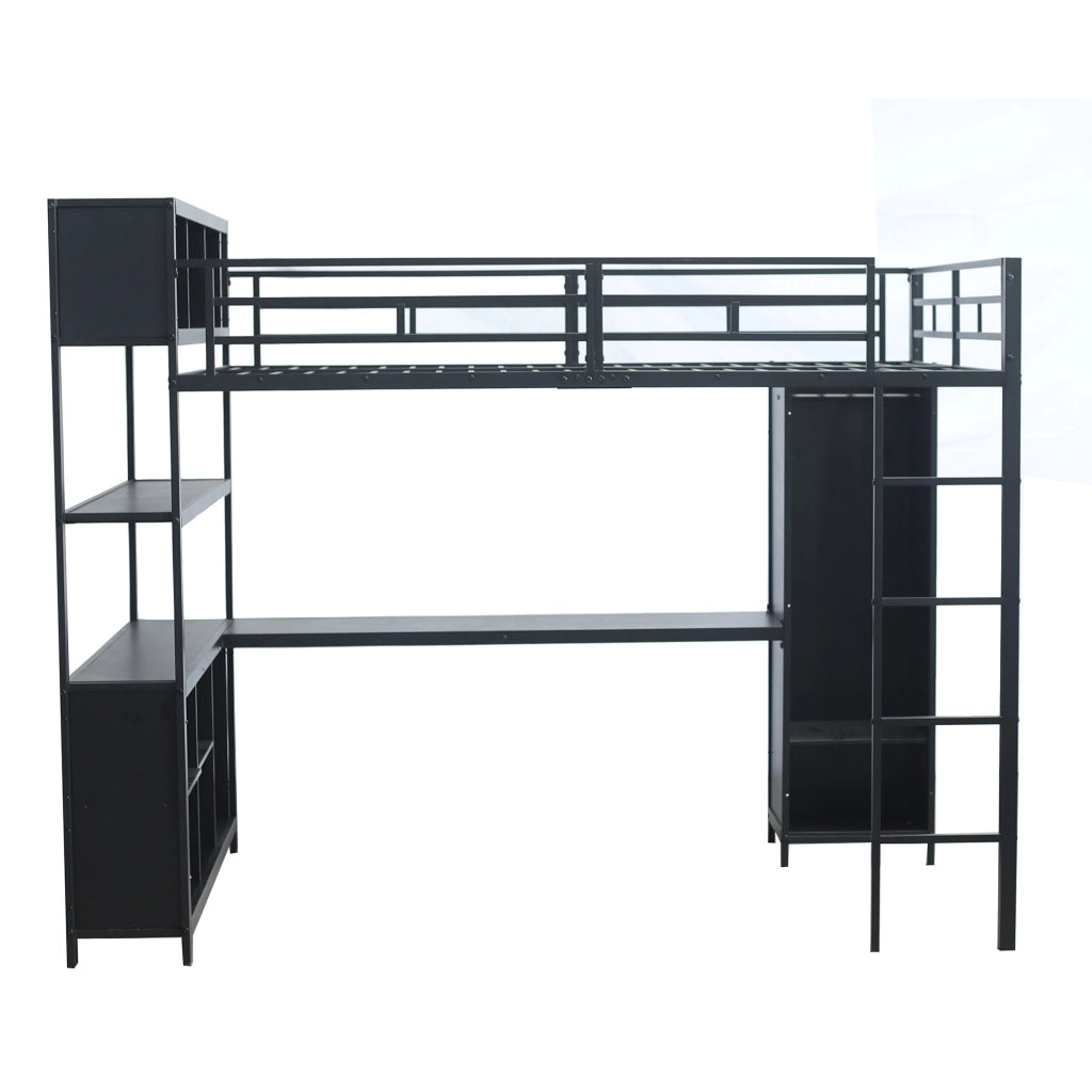 OKWISH Letto a Soppalco 140×200 cm, Letto Matrimoniale con Scrivania, Doppio Spazio Contenitore, Armadio e Vano Contenitore, senza Materasso, Nero