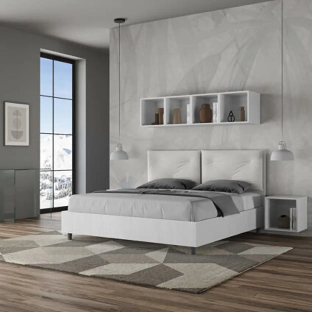 Letto matrimoniale con rete 160x190 bianco frassino cuscini similpelle bianco Egos Appia