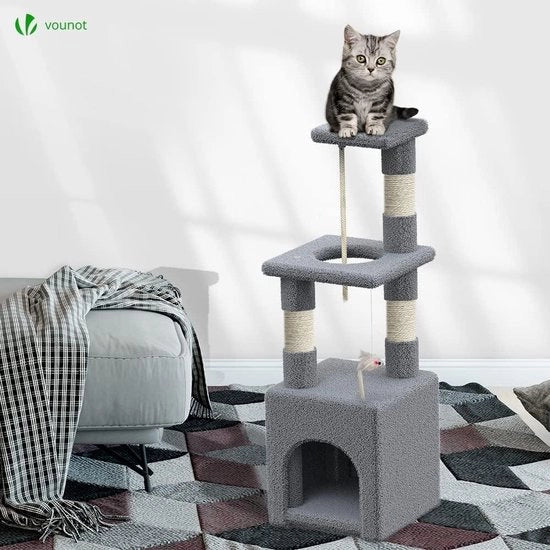 Gatto con Piattaforma e Grotta - Krabpaal Stabile per Gatti - Altezza 88 cm Grigio