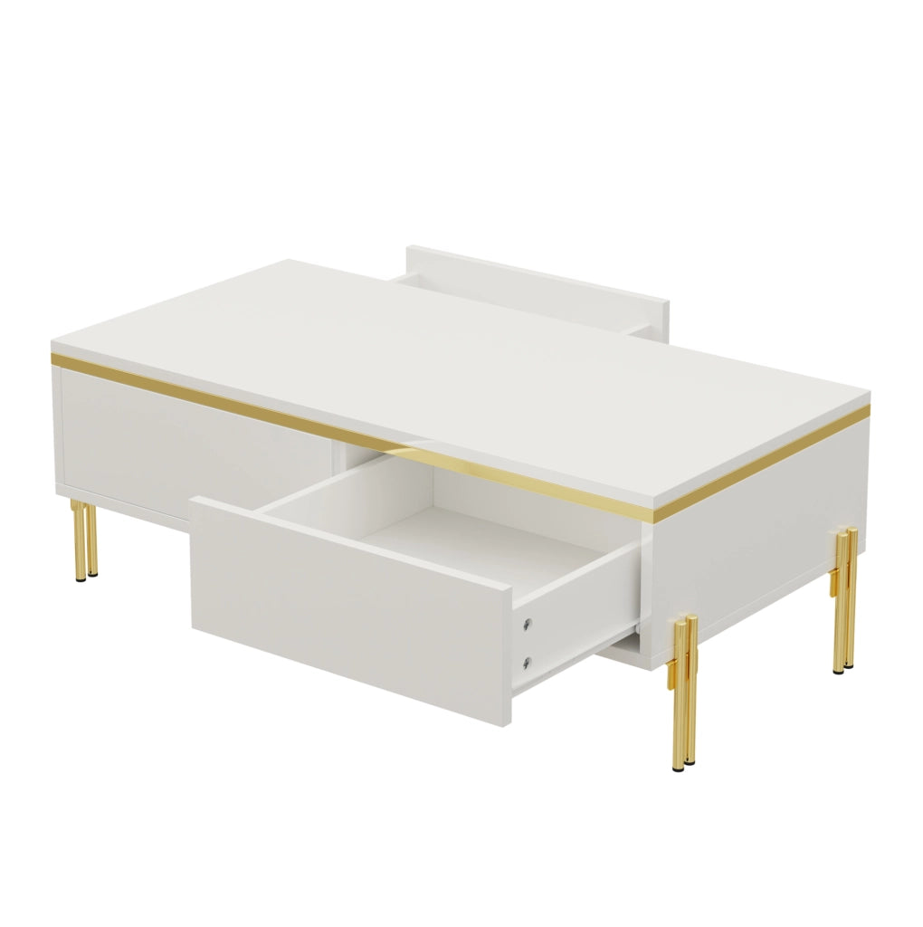 Tavolino da salotto 100x50x36 cm con cassetti su entrambi i lati; pannello truciolare bianco