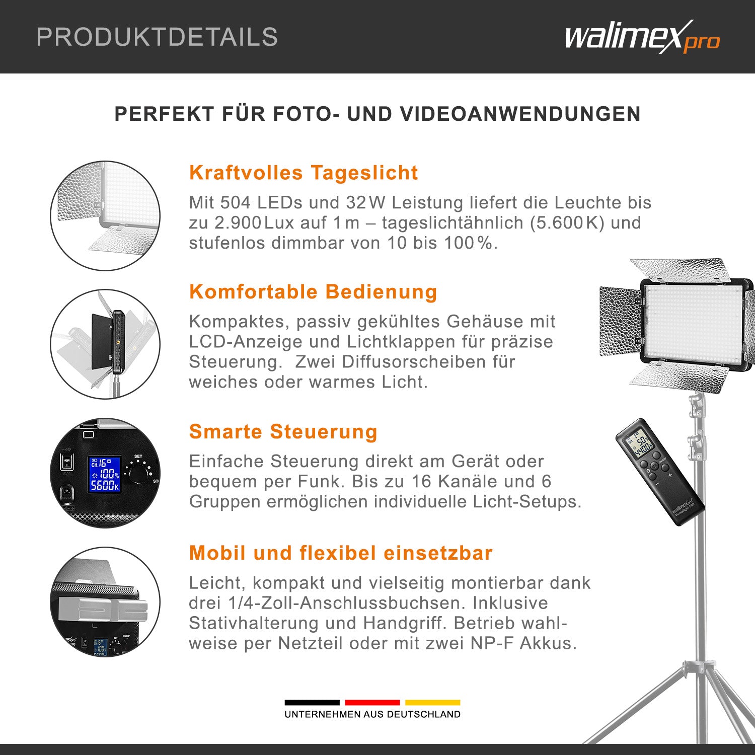 Luce a pannello LED per fotografia 500 Versalight da 32 W, 5600 K, Lampada fotografica con alette per foto e video studio fotografico