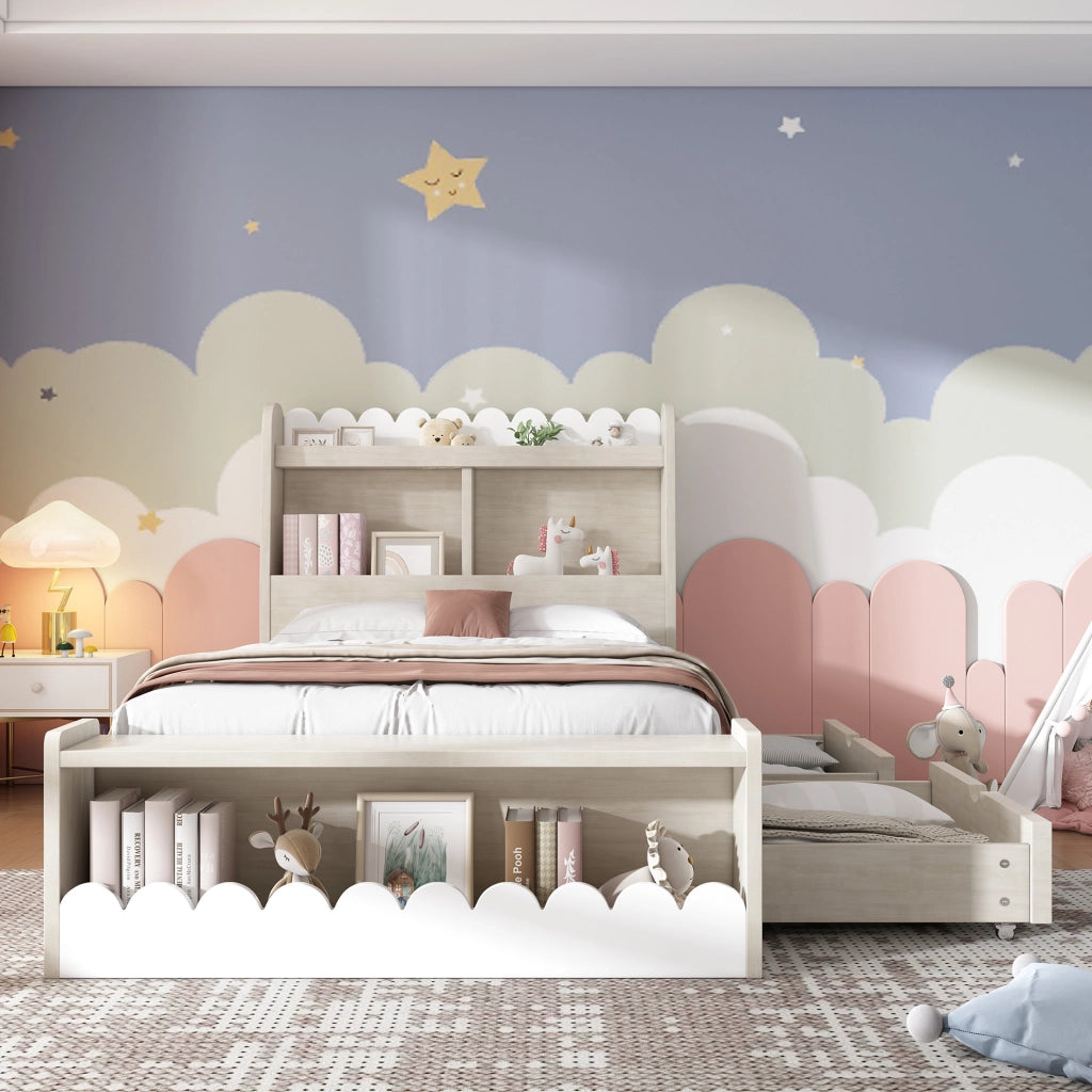 Letto singolo per bambini 90x190 cm con cassetti, ripiani e rete, bianco e rovere chiaro