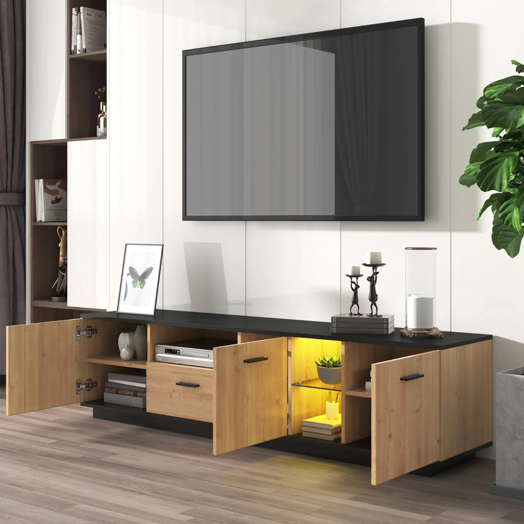 Mobile TV con 3 Ante; 1 Cassetto; 2 Vani a Giorno e LED 16 Colori; MDF; Nero e Effetto Legno; 180??37??45 cm