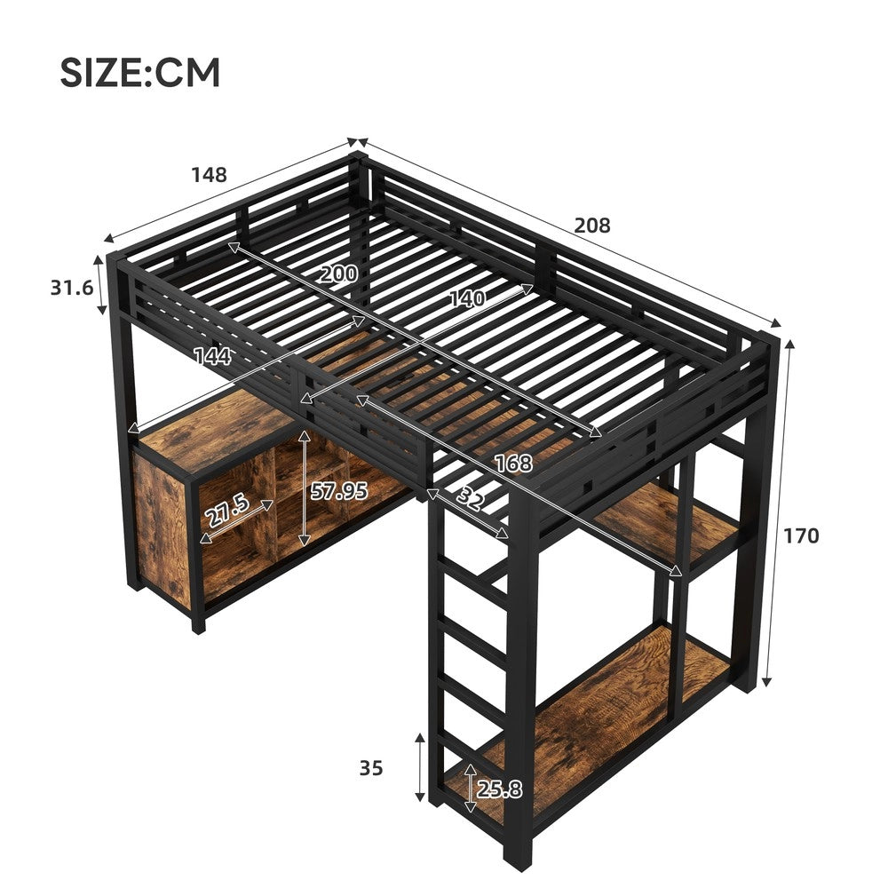 Letto a Soppalco in Metallo con LED, USB e Contenitore ¨C MINIMAL ¨C Nero 140x200