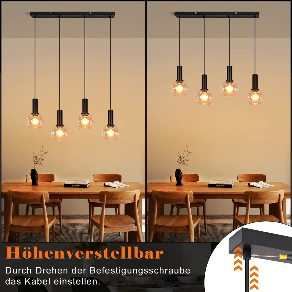 ZMH Lampada a Sospensione 4 Luci Vetro Vintage Altezza Regolabile E27 per Sala da Pranzo Soggiorno Senza Lampadina