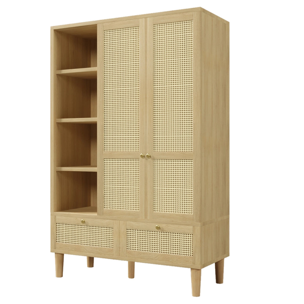 Armadio in legno massello, ante con decorazioni in vimini, 2 cassetti, ripiani aperti, color rovere