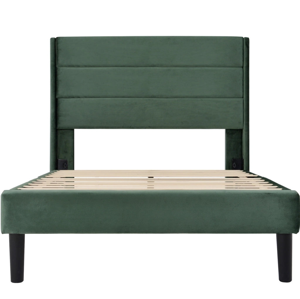 Letto singolo imbottito 90 x 200 cm in velluto verde con rete e materasso ortopedico H3 a 7 zone