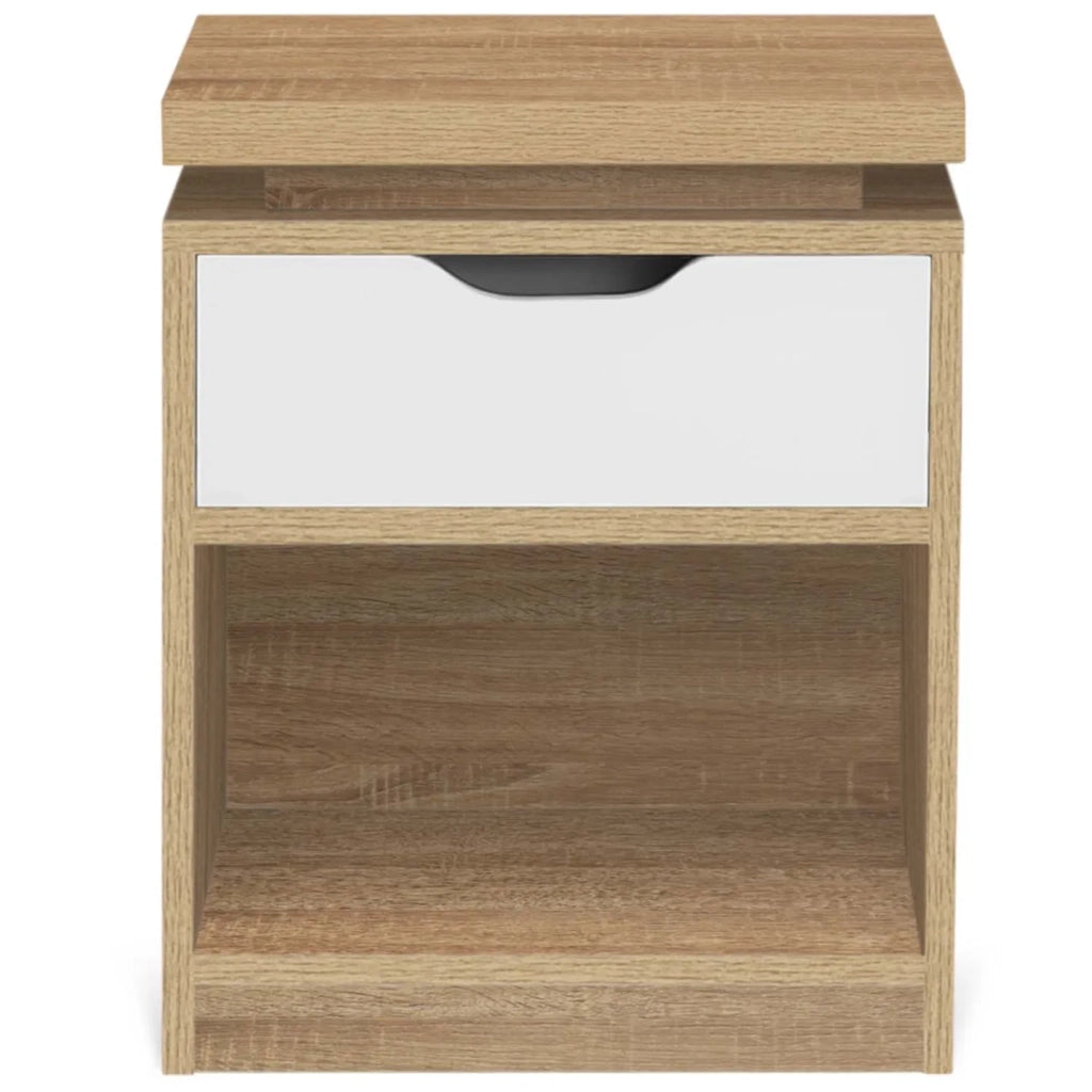 IDMarket - Set di 2 comodini LED LUNA a 1 cassetto con nicchia in faggio e bianco