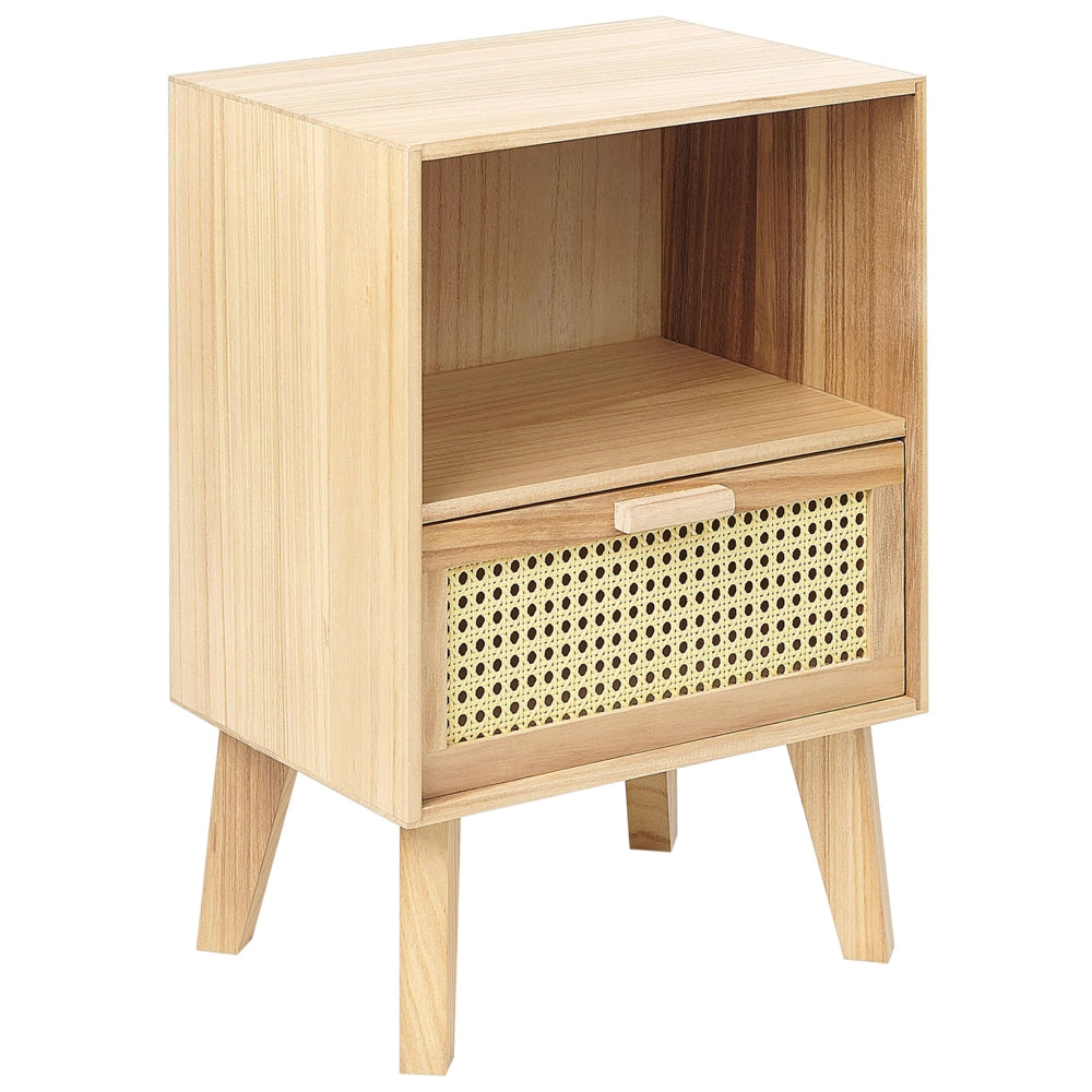 Comodino 1 cassetto con ripiano rattan e marrone chiaro 40 x 30 cm boho camera da letto salone