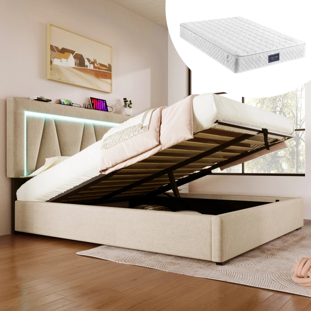 LETTO imbottito LED 140x200 cm in lino beige con materasso incluso