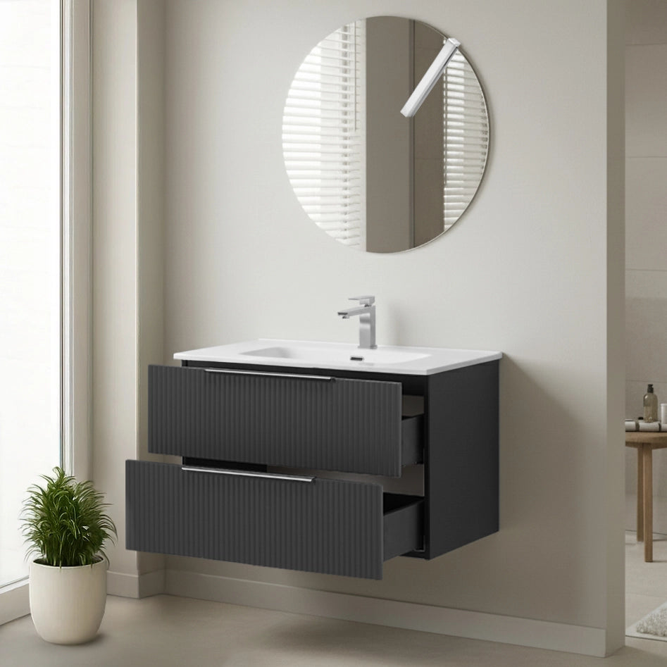 Mobile bagno sospeso 80 cm grigio cannettato con lavabo e specchio tondo Zena