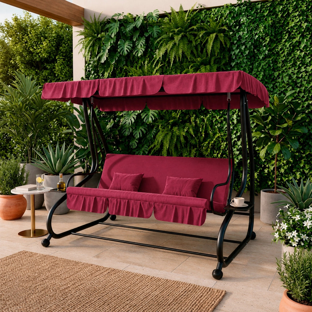 Dondolo Da Giardino 3 Posti Schienale Regolabile Tetto Ombreggiante Cuscinatura Comfort Imbottita Convertibile In Letto Per Esterno Balcone Patio 200 x 120 x 160 Cm Bordeaux