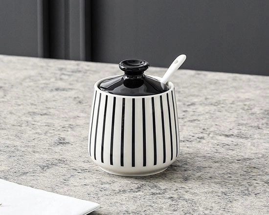 Set di contenitori ceramici da zucchero con cucchiaio, stampo a righe nere e bianche, contenitore ceramico 270ml con coperchio, contenitore da cucina (2 pezzi)