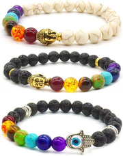 Bracciale da uomo e donna con 3 pezzi di pietra lava roccia 8mm con teschio di Buddha, mano di Hamsa e perle dei 7 chakra
