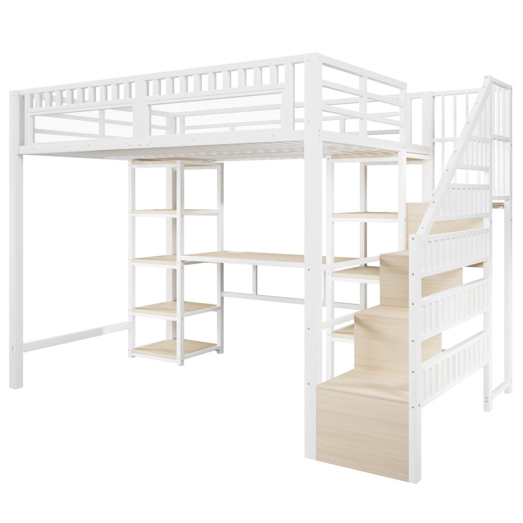 Letto a soppalco matrimoniale 140×200 cm con scrivania; LED; USB; ripiani e scaletta; senza materasso; bianco