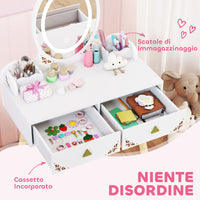 Set Toeletta per Bambine da 3 Anni con Specchio Illuminato e Sgabello 2 Cassetti e 2 Scatole Bianco