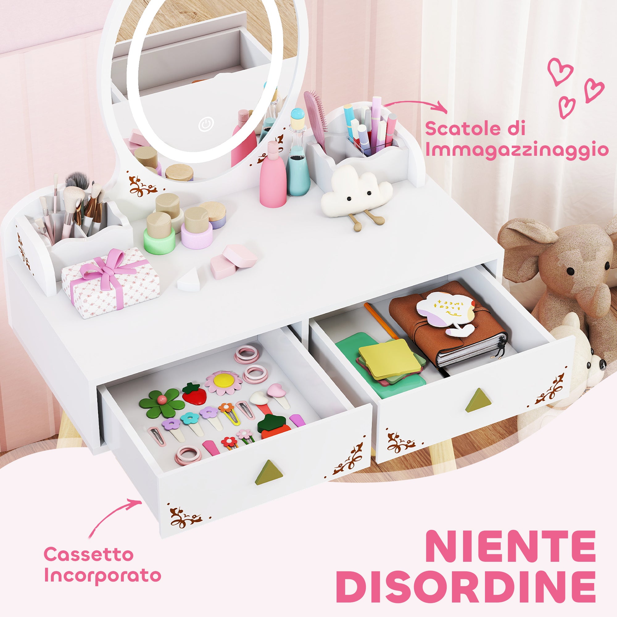 Set Toeletta per Bambine da 3 Anni con Specchio Illuminato e Sgabello 2 Cassetti e 2 Scatole Bianco