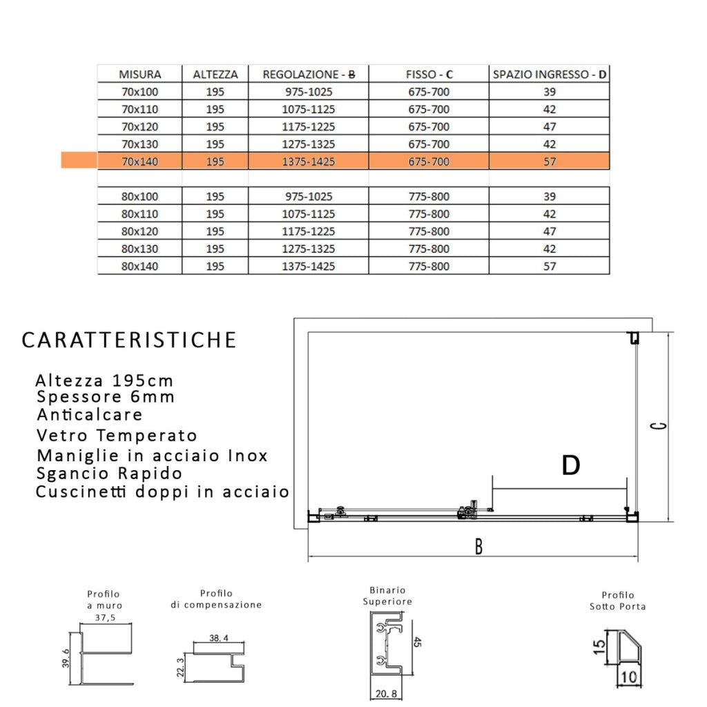 Box doccia tre lati con profili neri scorrevole anticalcare 195 lagoa, misura 70x140x70