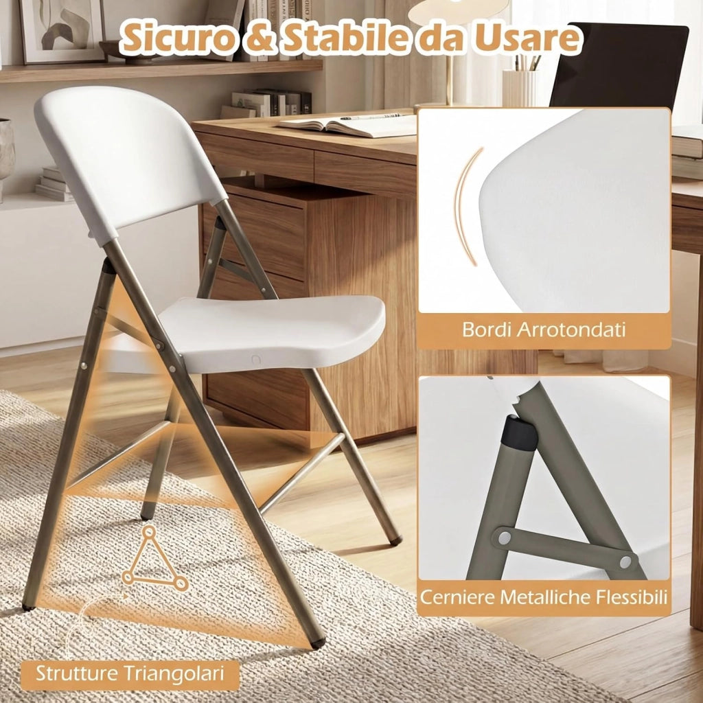 Set da 6 Sedie Pieghevoli in Plastica, Sedie Pieghevoli con Schienale e Struttura in Metallo, Sedie da Pranzo Portatili per Matrimonio e Festa, Portata 150 kg (Bianco)