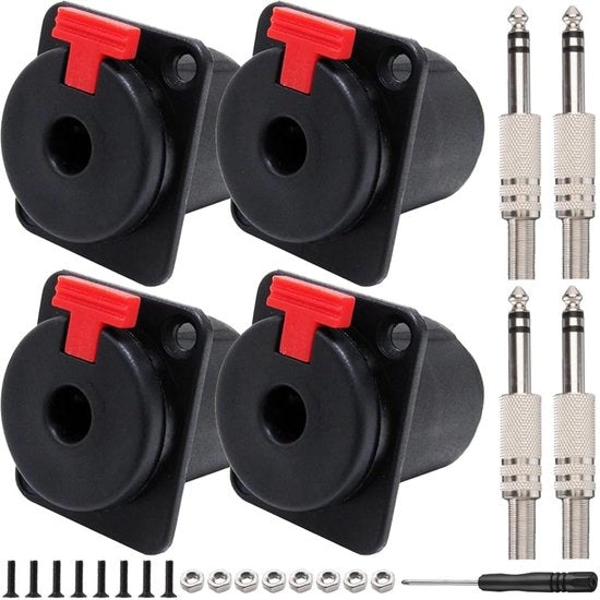 Kit di installazione di connettori audio 6,35 mm - Jack femmina stereo mono/TRS - 4 pezzi - PVC/Kupronickel - Facile da installare