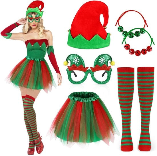 Costume di Natale per bambini - Tutu e gonna 40 cm - Cappello di elfo di Natale - Calze a strisce 60 cm - Accessori di cosplay - Materiale principale: tessuto/cotone - Abito di Natale