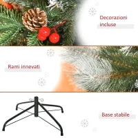 Albero di Natale Innevato 150cm con Bacche Rosse e Pigne Bianche, Base Rimovibile Pieghevole, 440 Rami, Verde