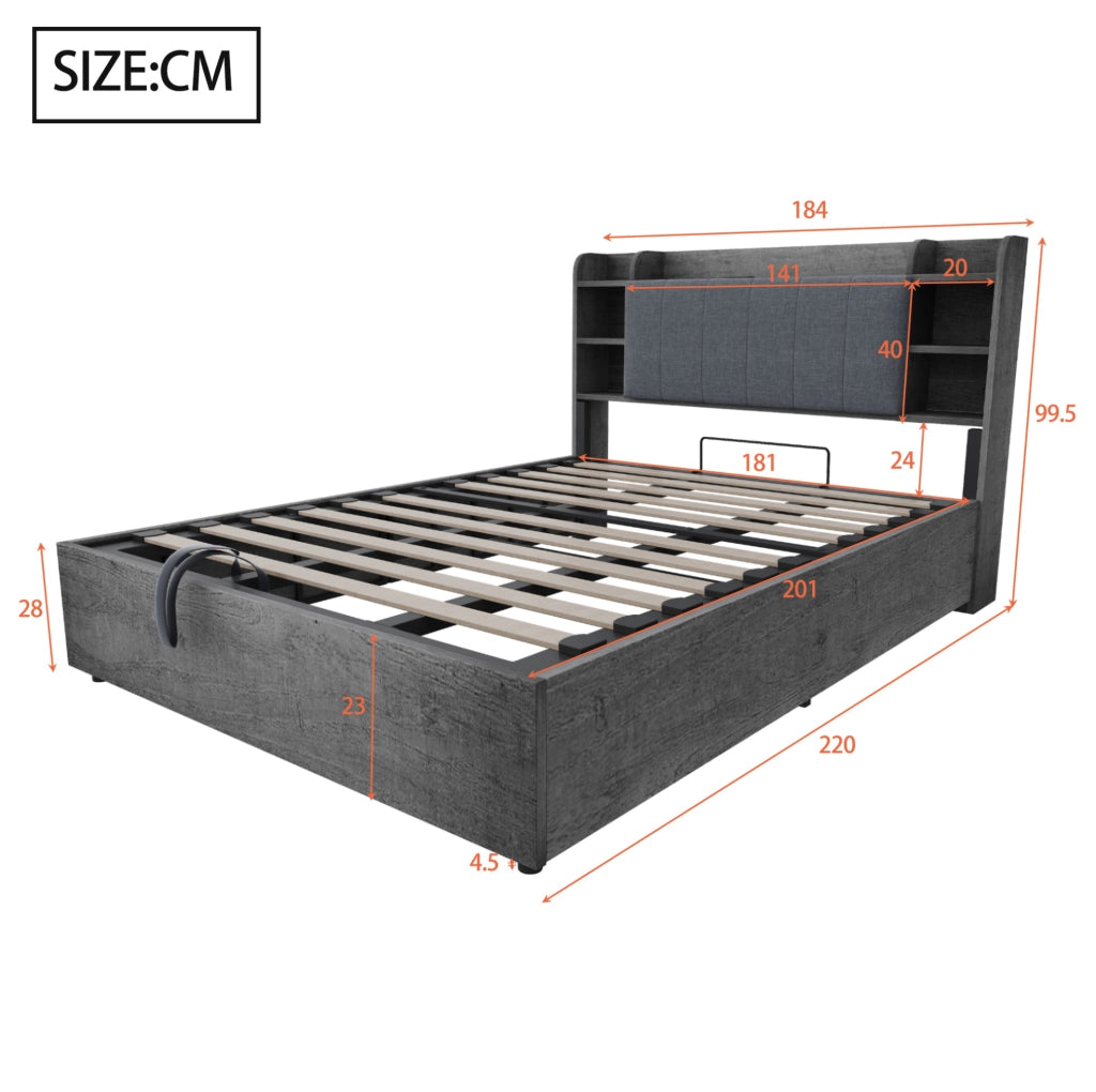 Letto multifunzione 180x200 cm con contenitore idraulico; testiera con vani e presa USB Type-C; grigio