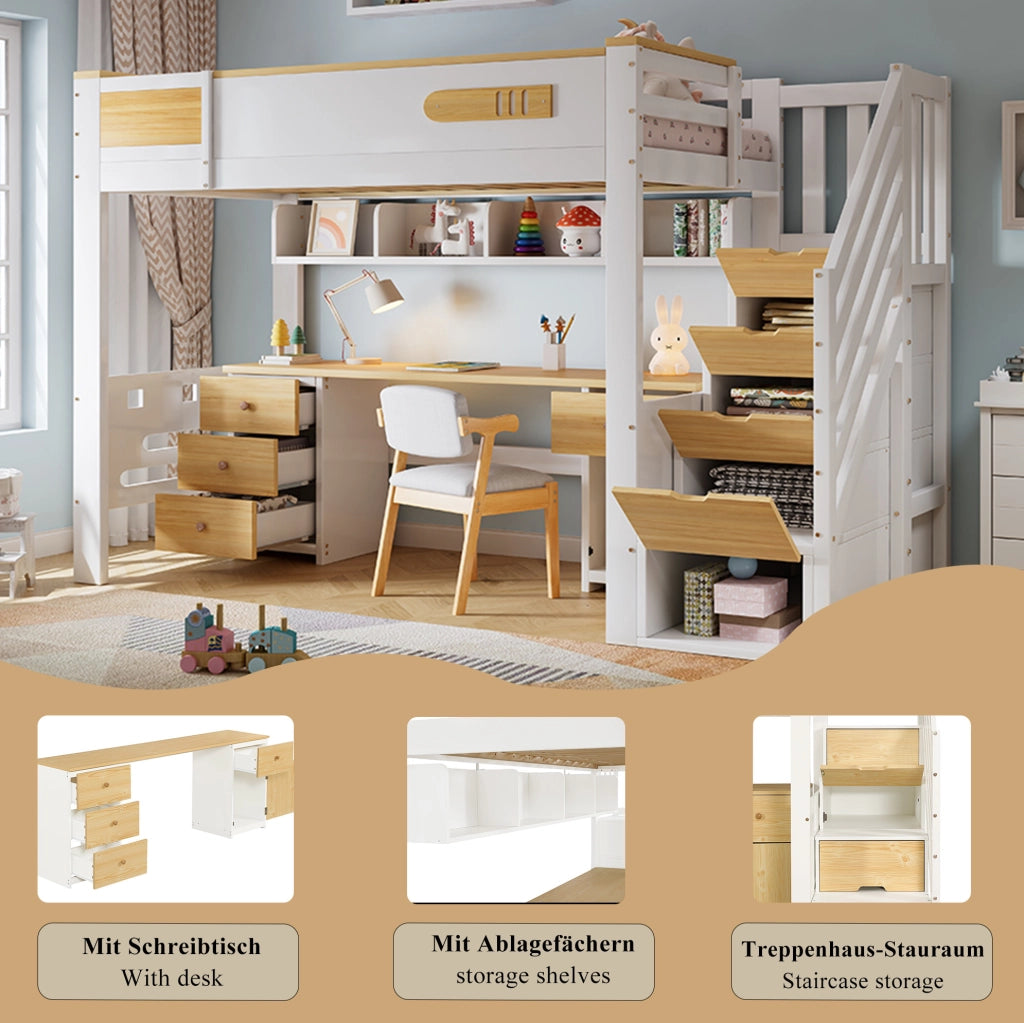 Letto a soppalco 90x200 cm con scrivania e scala contenitore
