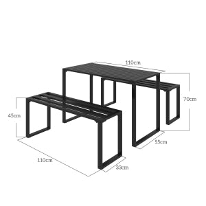 Set da giardino 3 pezzi con tavolo e 2 panche in metallo nero, 110 x 55 x 70 cm
