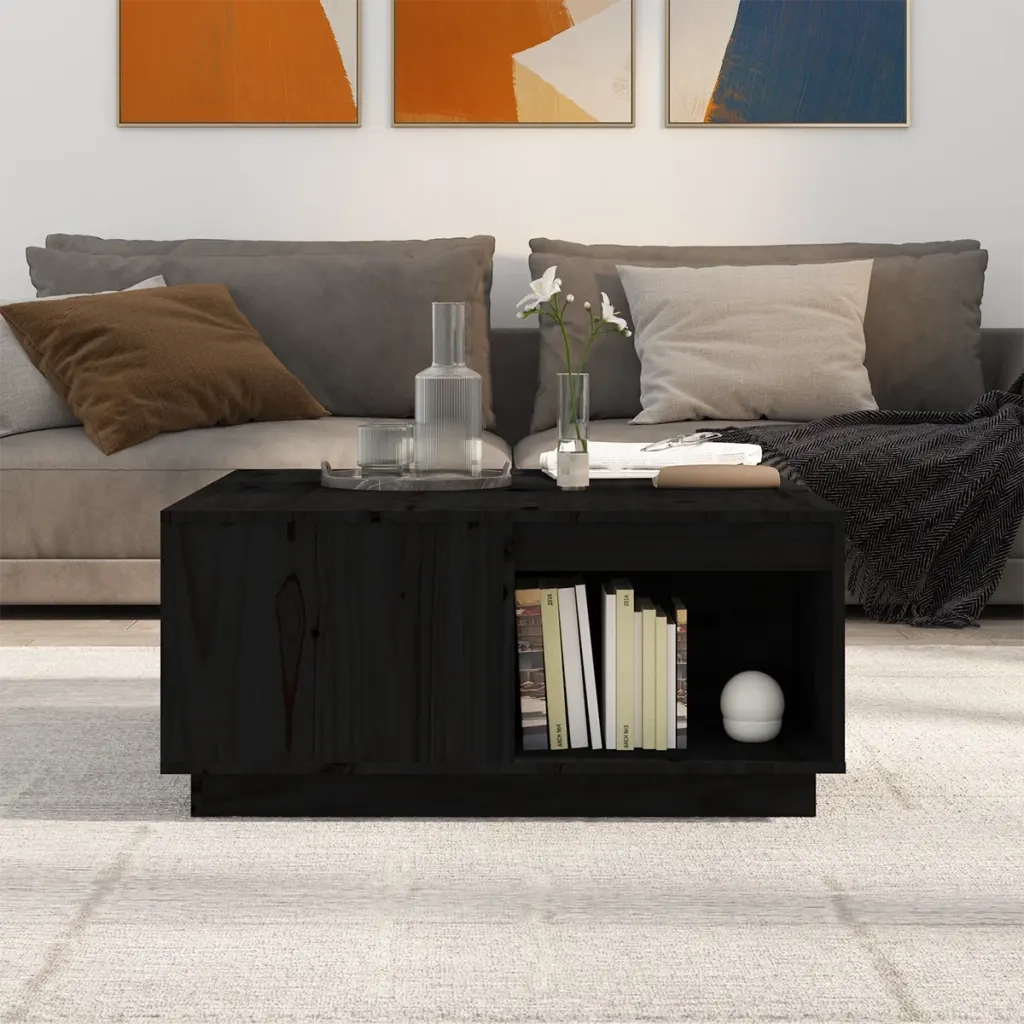 Tavolino da Salotto Nero 80x81x36,5 cm Legno Massello di Pino 814528