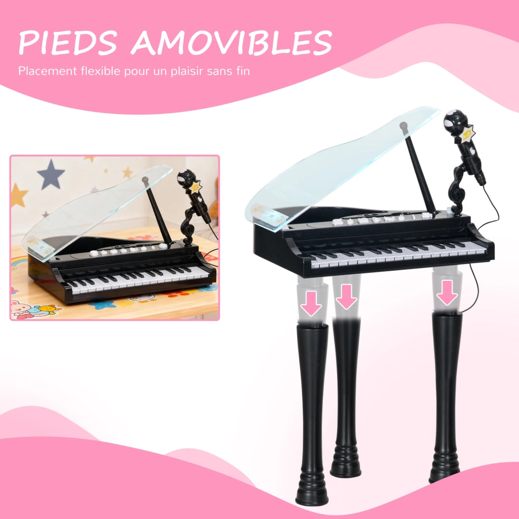 Pianoforte elettronico per bambini a coda 32 tasti con microfono sgabello e luci LED multifunzionale nero