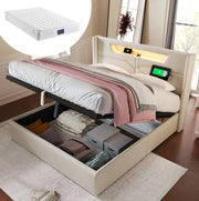 Letto contenitore 160x200 cm in tessuto di lino beige con LED; USB e Type-C