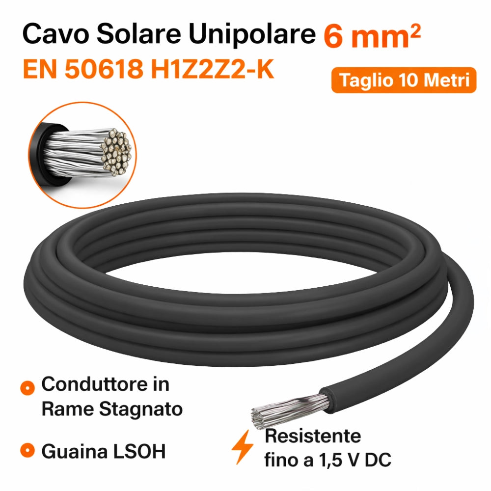 Cavo solare unipolare nero 6 mm² en 50618 per impianti fotovoltaici *** lunghezza metri 10, confezione 1