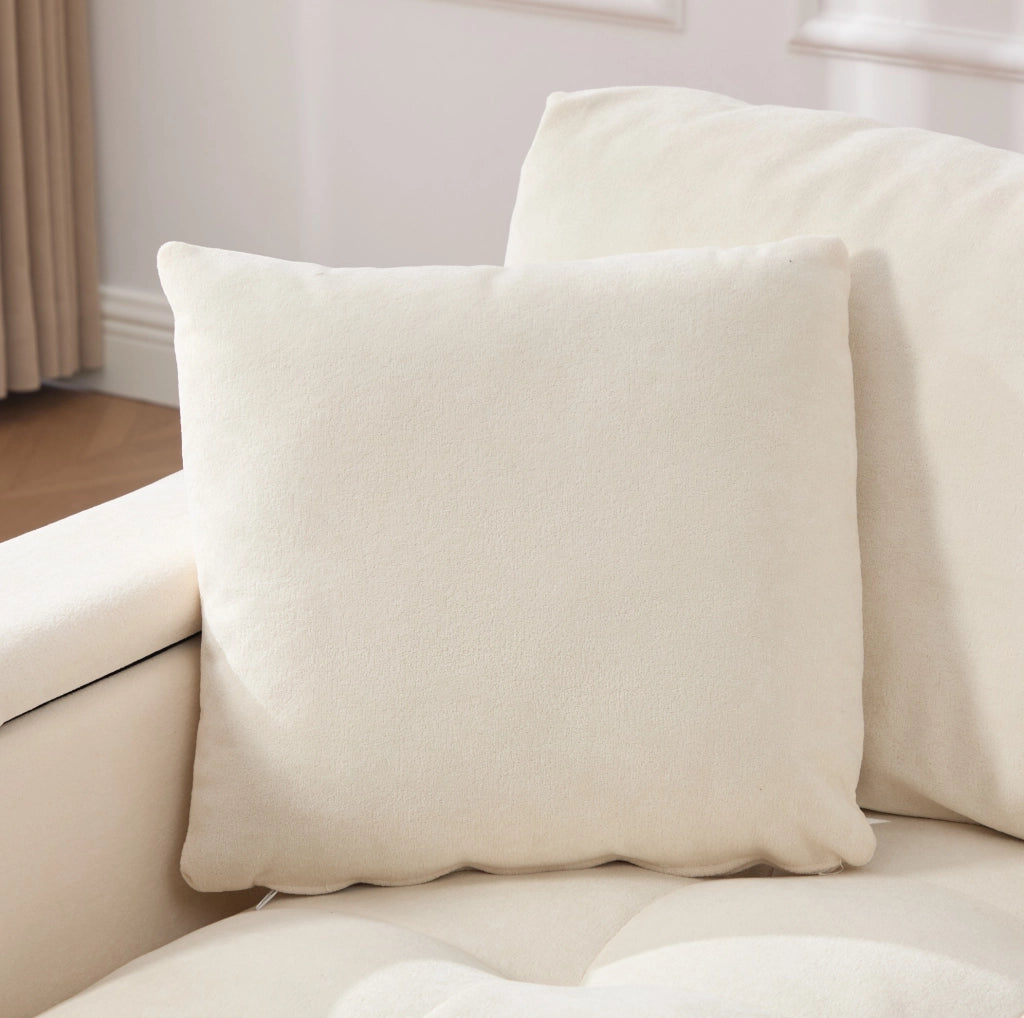 Divano 2 posti con vani nei braccioli e tasche laterali; rivestimento in ciniglia beige