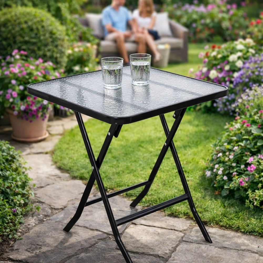 Tavolino Pieghevole Quadrato con Struttura Nera Tavolo Piano in Vetro 60x60x71cm