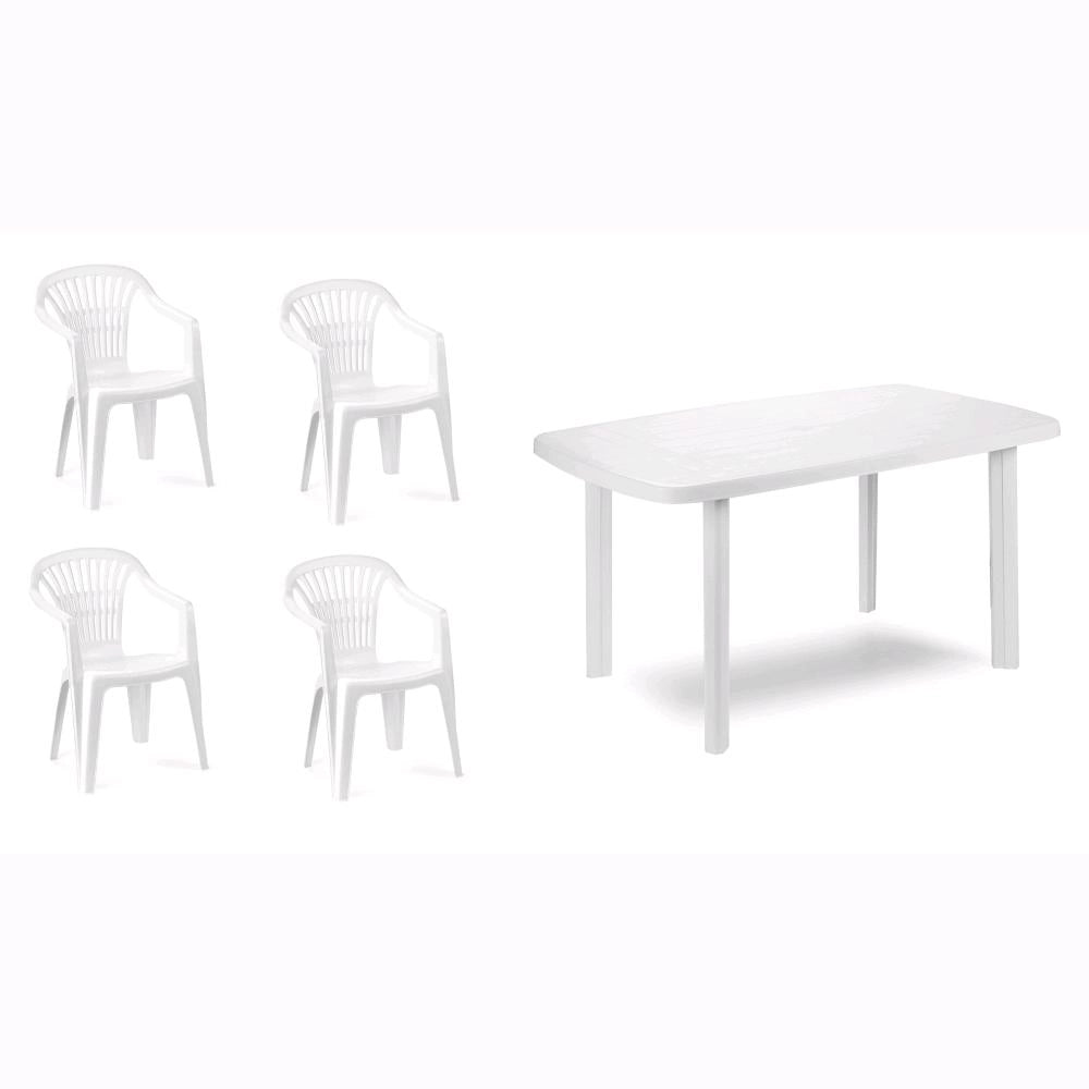 Set 4 Sedie impilabili + Tavolo in Polipropilene da Giardino Colore Bianco Mod. Nizza