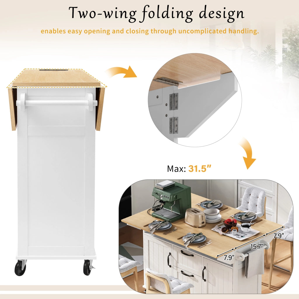 Carrello da Cucina con 2 Ante; 2 Cassetti; Piano Pieghevole; Prese e Portasciugamani; in MDF; Bianco e Naturale