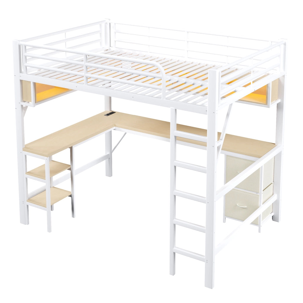 Letto a Soppalco Singolo 140x200 cm; con Scrivania; Libreria; LED; USB; Bianco