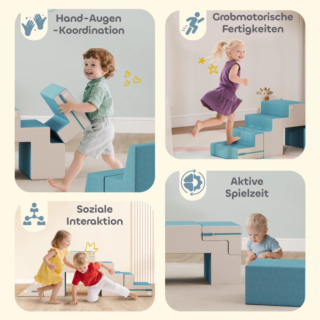 Set 2 Pezzi Blocchi da Gioco Morbidi per Bambini in Ecopelle e Gommapiuma Modulari Beige e Blu Multifunzionale per Casa