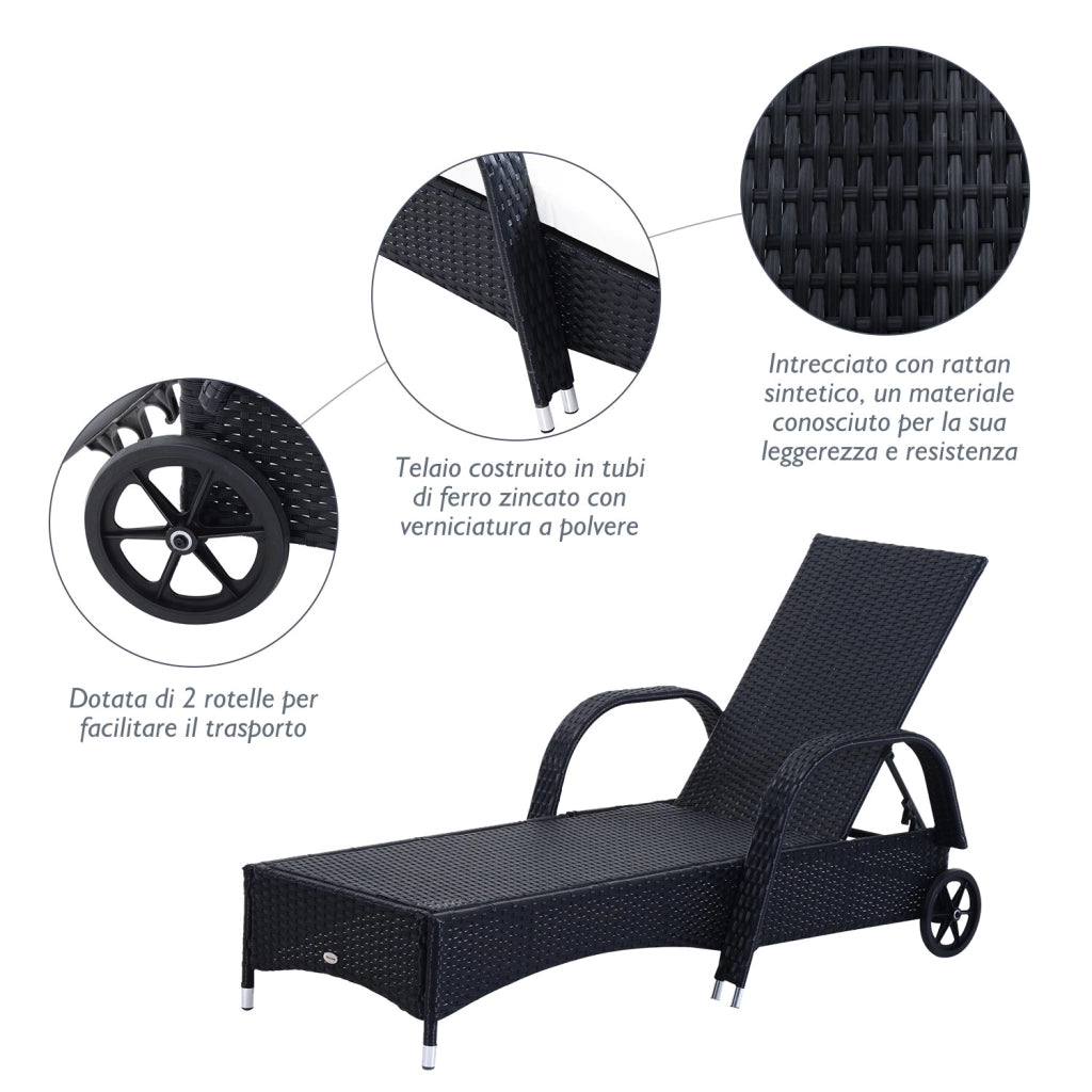 EasyComfort Set da Giardino con 2 Sedie a Sdraio con Schienale Reclinabile e Tavolino Basso in Rattan PE, Nero