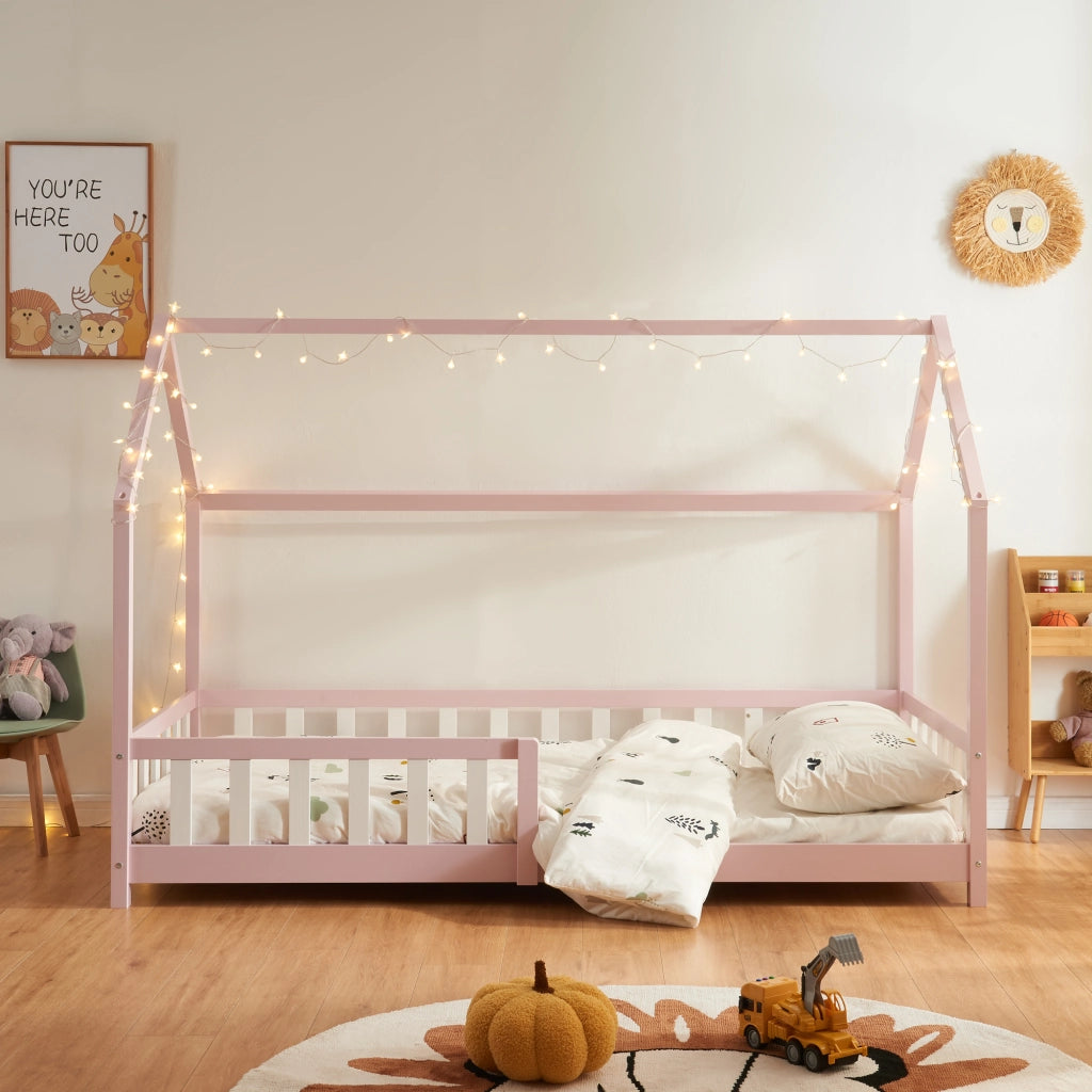 Letto Singolo Hesel per Cameretta a Forma di Casetta 90 x 200 cm Rosa [en.casa]