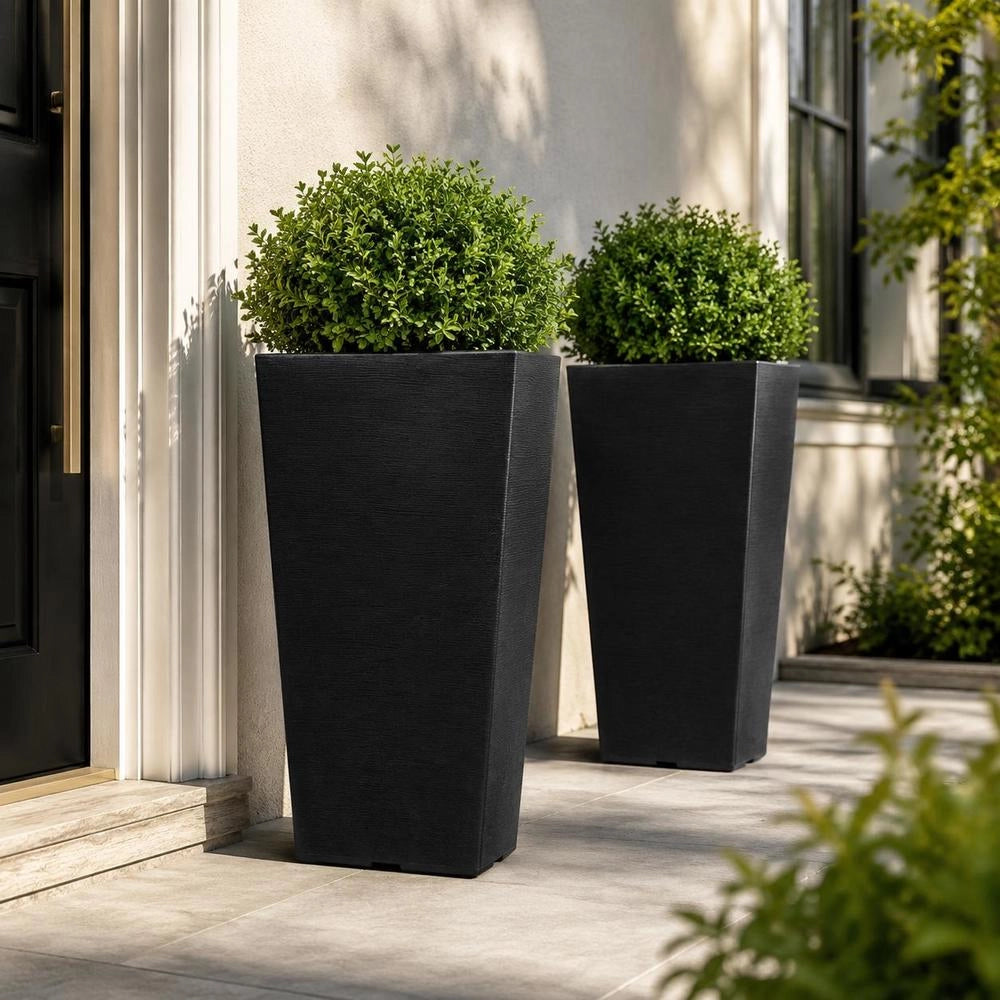 Flower Pot, Set Of 2, Large Plant Pot 570 Mm, Modern Design, Integrated Efficient Drainage System, Planter, Flower Pot, Pot For Porch, Patio, Outdoor, Indoor, Black