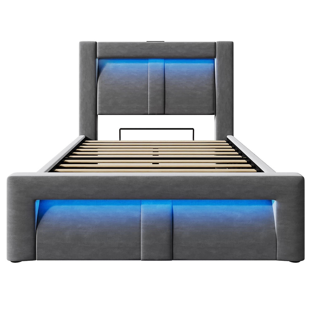 Letto-Xylo-90x200cm idraulico LED USB-C velluto testiera curva grigio con materasso