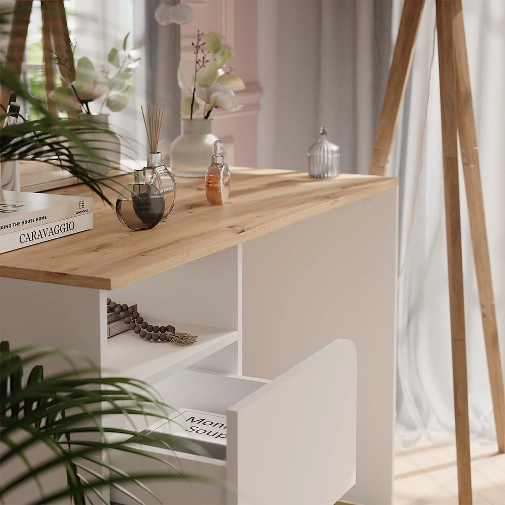 Tavolo da toeletta Karen, Bianco/Artisan, 110 cm con luci fiabesche a LED, Materiali robusti per un utilizzo duraturo