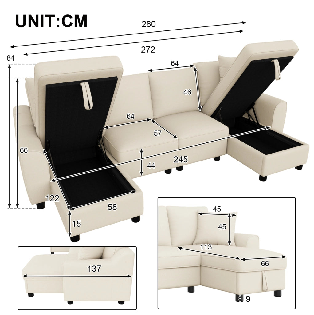 Divano a U in ciniglia beige con vano contenitore, 280 cm