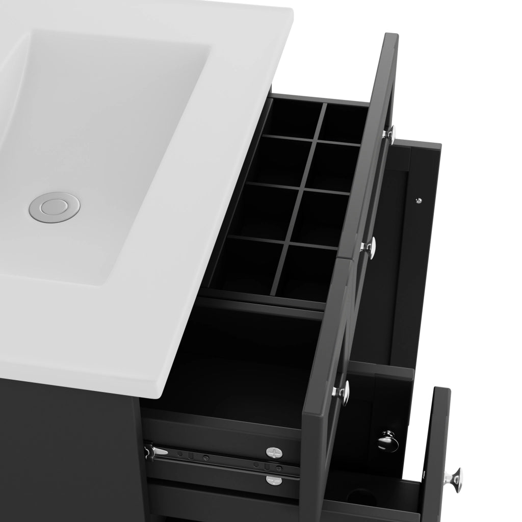 Mobile sottolavabo da bagno con lavabo in ceramica, 1 anta e 3 cassetti, finitura laccata, nero, 76 × 47 × 86 cm