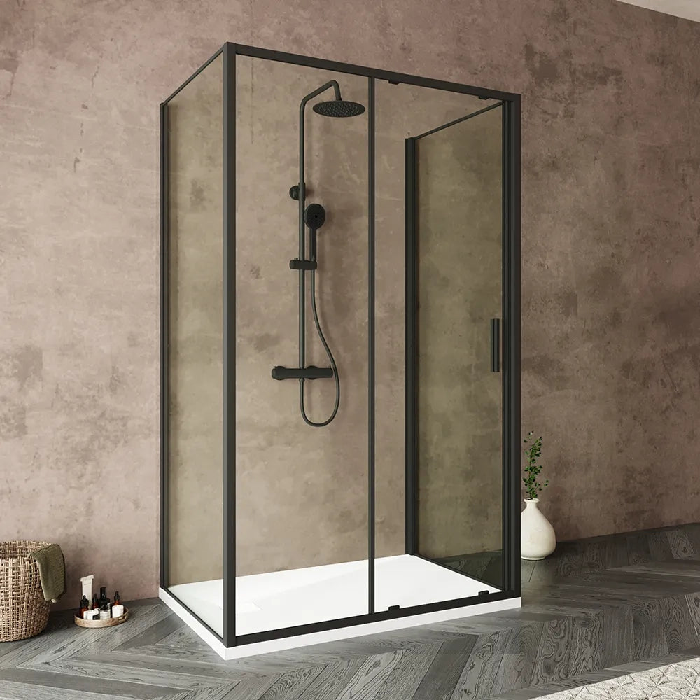 Box doccia tre lati 80x130x80cm con porta scorrevole profili nero opaco e vetro 6mm trasparente h190 | Portofino