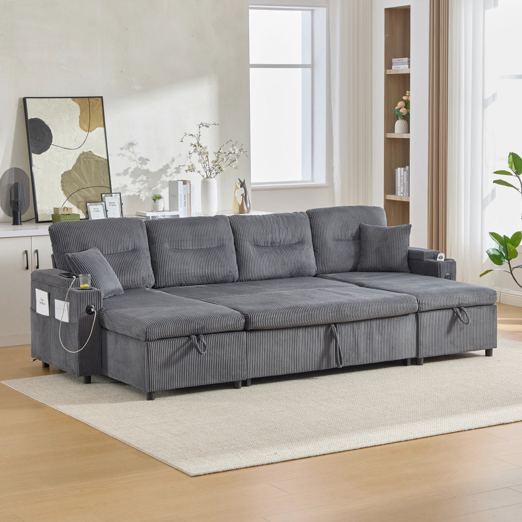 Divano a 4 posti in corduroy grigio carbone con doppia chaise longue, contenitore, USB-C e portabicchieri